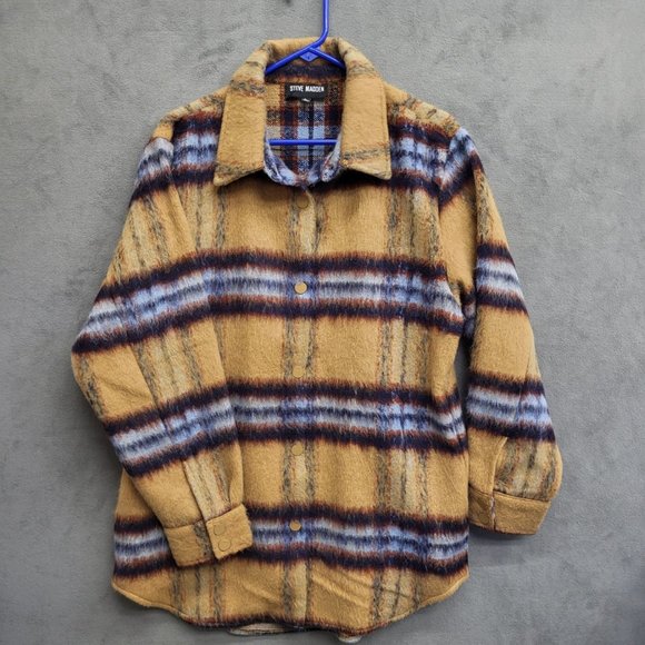 Steve Madden Size L Eldridge Shirt Jacket Coat Plaid Oversize Fuzzy Southwestern - Picture 1 of 6
